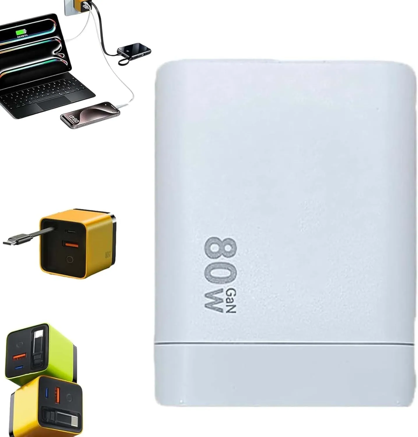 Tobrbes 3 in 1 Gan Charger, Retractable 80w Max, 3 in 1 Gan Charger, Scalable 80w Max Fast Chargers Module with Type-C Cable and 2 USB Ports, for iPhone, Phone and Laptops (White)
