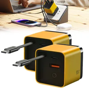 Tobrbes 3 in 1 GaN Charger, Retractable Scalable 80w Max Fast Charger Module with Type-C Cable and 2 USB Ports, 80 Watt All in One Charger, for iPhone, Phone, Laptops (2 Pcs)