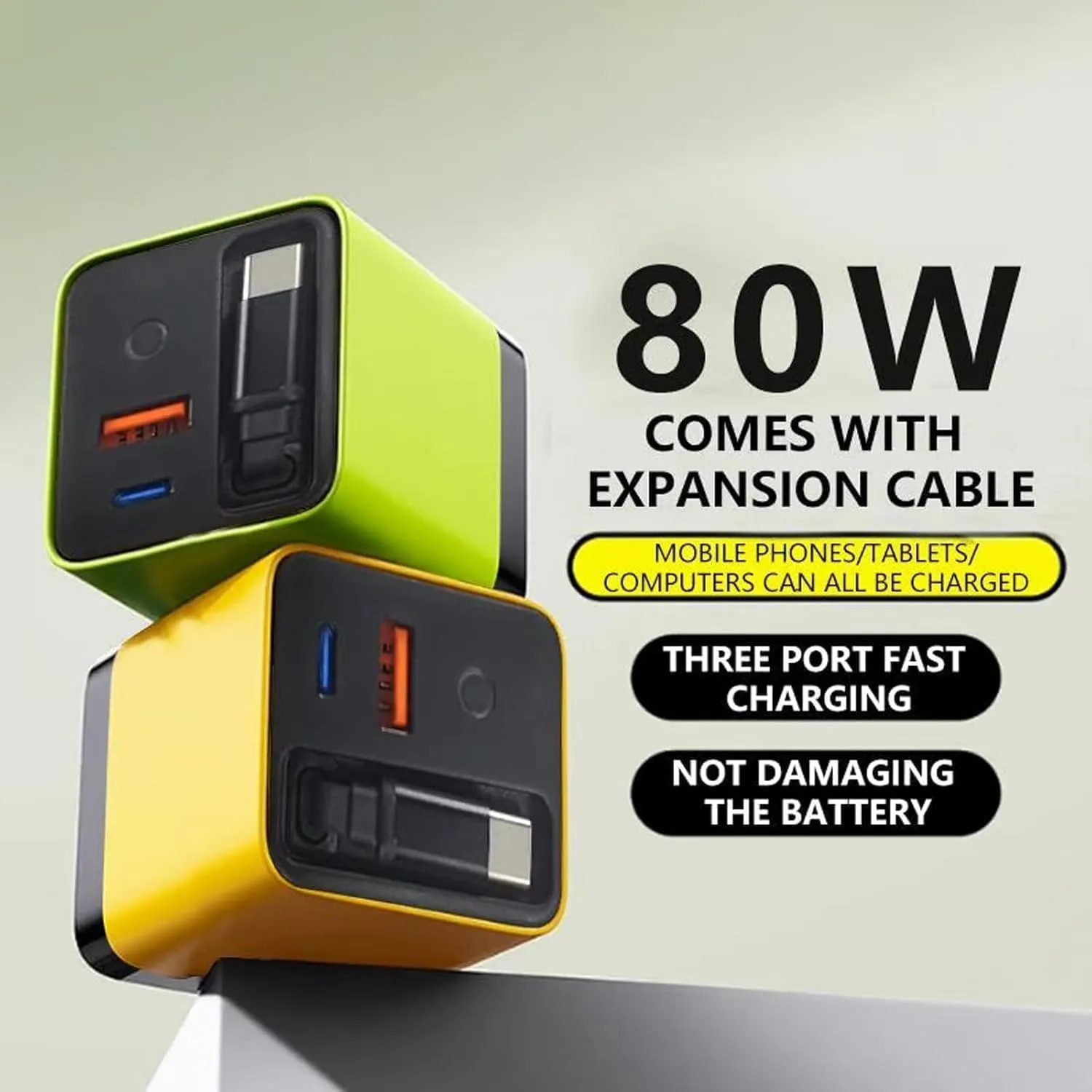 Tobrbes 3 in 1 GaN Charger, Retractable Scalable 80w Max Fast Charger Module with Type-C Cable and 2 USB Ports, 80 Watt All in One Charger, for iPhone, Phone, Laptops (2 Pcs)