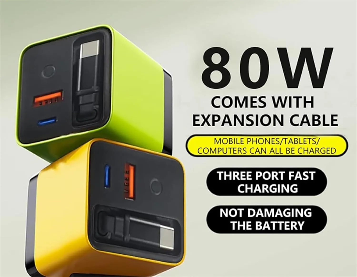 Tobre 3 in 1 Charger 80 Watt, 3 in 1 Gan Charger, Scalable 80w Max Fast Charger Module with Type-C Cable and 2 USB Ports, Retractable 80w Max All in One Charge for Phone, Laptops (2pcsC)