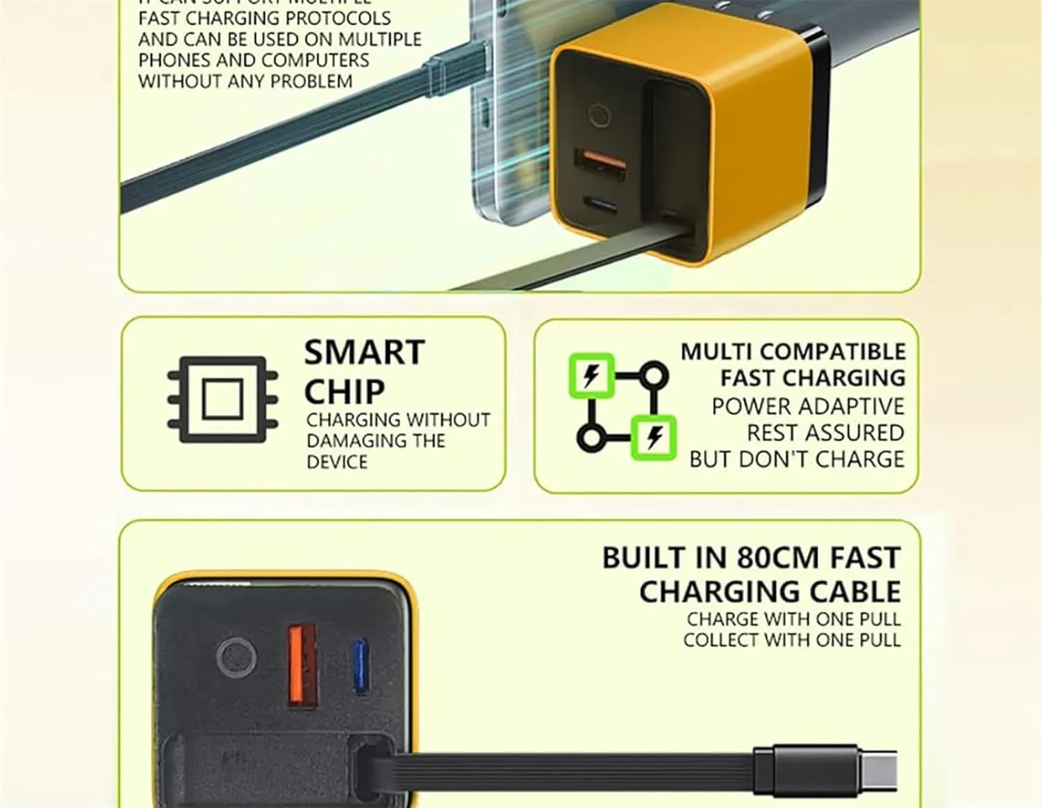 Tobre 3 in 1 Charger 80 Watt, 3 in 1 Gan Charger, Scalable 80w Max Fast Charger Module with Type-C Cable and 2 USB Ports, Retractable 80w Max All in One Charge for Phone, Laptops (2pcsC)