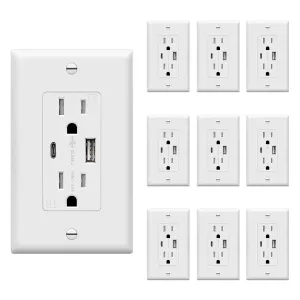 TOPGREENER USB Outlet, Type C USB Wall Charger Outlet, 15 Amp TR Receptacle Plug, Charging Power Outlet with USB Ports, Electrical USB Socket, Wall Plate Included, TU21536AC-W-10PCS, White, 10 Pack