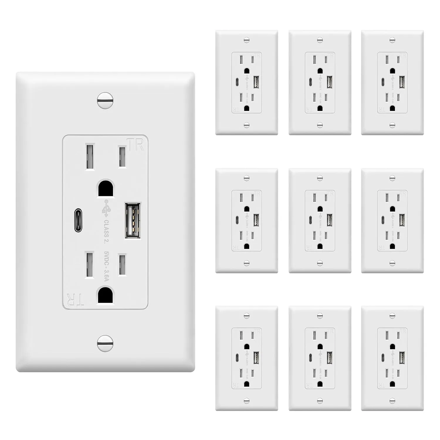 TOPGREENER USB Outlet, Type C USB Wall Charger Outlet, 15 Amp TR Receptacle Plug, Charging Power Outlet with USB Ports, Electrical USB Socket, Wall Plate Included, TU21536AC-W-10PCS, White, 10 Pack