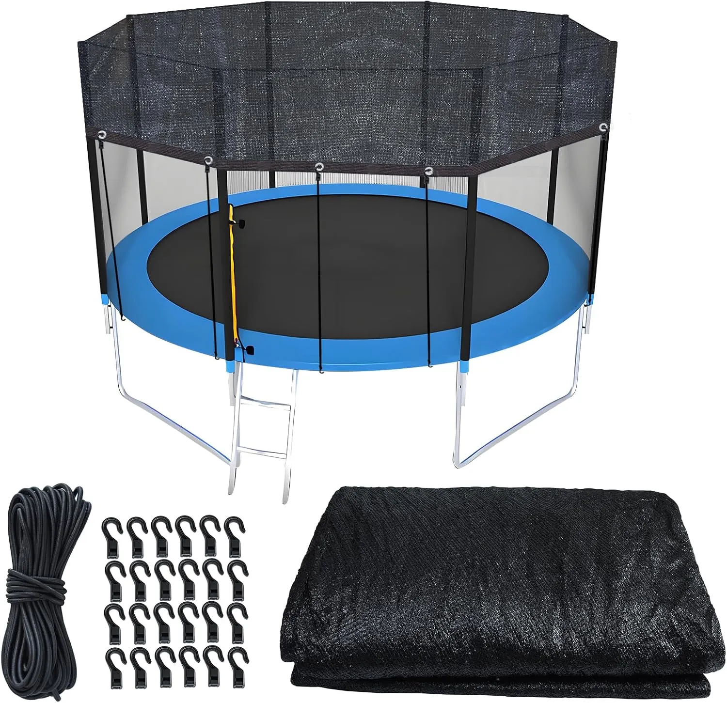 Trampoline Cover Round 12 Holes 90% Sunblock Shade Cloth 12FT Black Trampoline Top Shade Cover Sun Shade Mesh Tarp with 49FT Elastic Cord & 24 Plastic Hooks for Outdoor Backyard Playground(Tent Only)