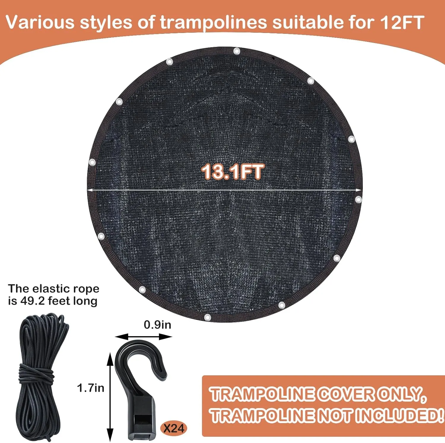 Trampoline Cover Round 12 Holes 90% Sunblock Shade Cloth 12FT Black Trampoline Top Shade Cover Sun Shade Mesh Tarp with 49FT Elastic Cord & 24 Plastic Hooks for Outdoor Backyard Playground(Tent Only)