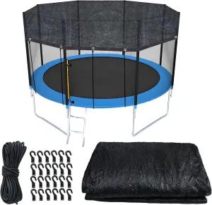 Trampoline Cover Round 12 Holes 90% Sunblock Shade Cloth 12FT Black Trampoline Top Shade Cover Sun Shade Mesh Tarp with 49FT Elastic Cord & 24 Plastic Hooks for Outdoor Backyard Playground(Tent Only)
