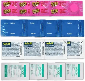 Travel Medicine Kit - Individual Ibuprofen Packets, Chews, Seltzer, Antacids & Bag - TSA-Approved 80 Pcs Mini Medicine Travel Essentials Kit for Cruises, Airplanes, & International Travel (5 Sets)