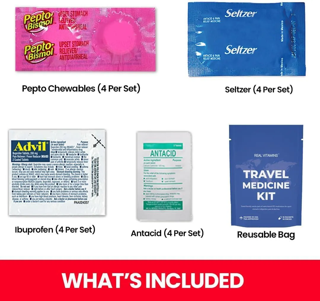 Travel Medicine Kit - Individual Ibuprofen Packets, Chews, Seltzer, Antacids & Bag - TSA-Approved 80 Pcs Mini Medicine Travel Essentials Kit for Cruises, Airplanes, & International Travel (5 Sets)
