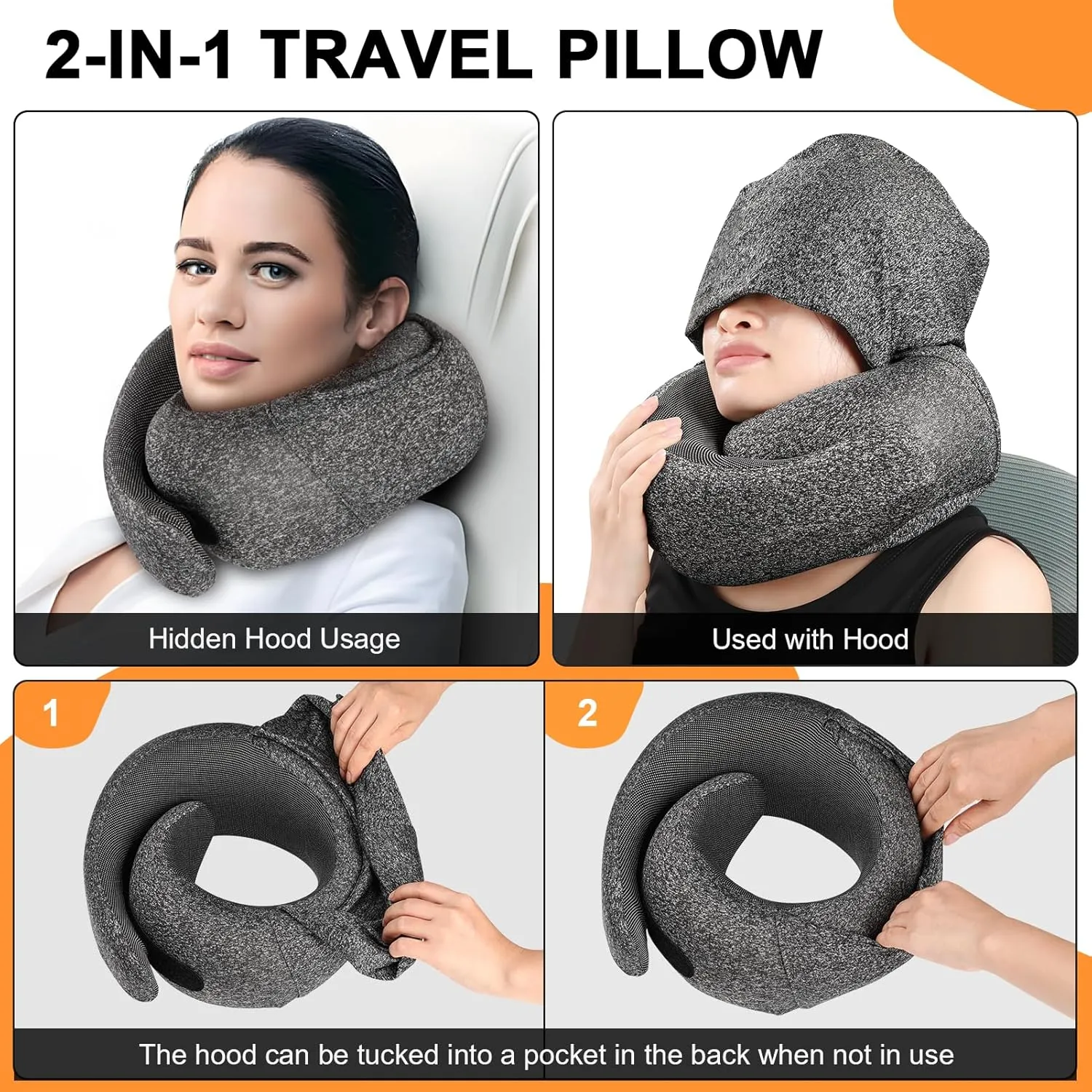 Travel Pillow - Hooded Neck Pillow Airplane, Memory Foam Pillow for Plane, Office, Cars Sleeping, Long Flight Must Haves, Road Trip Essentials Accessories for Adults (Dark Gray)