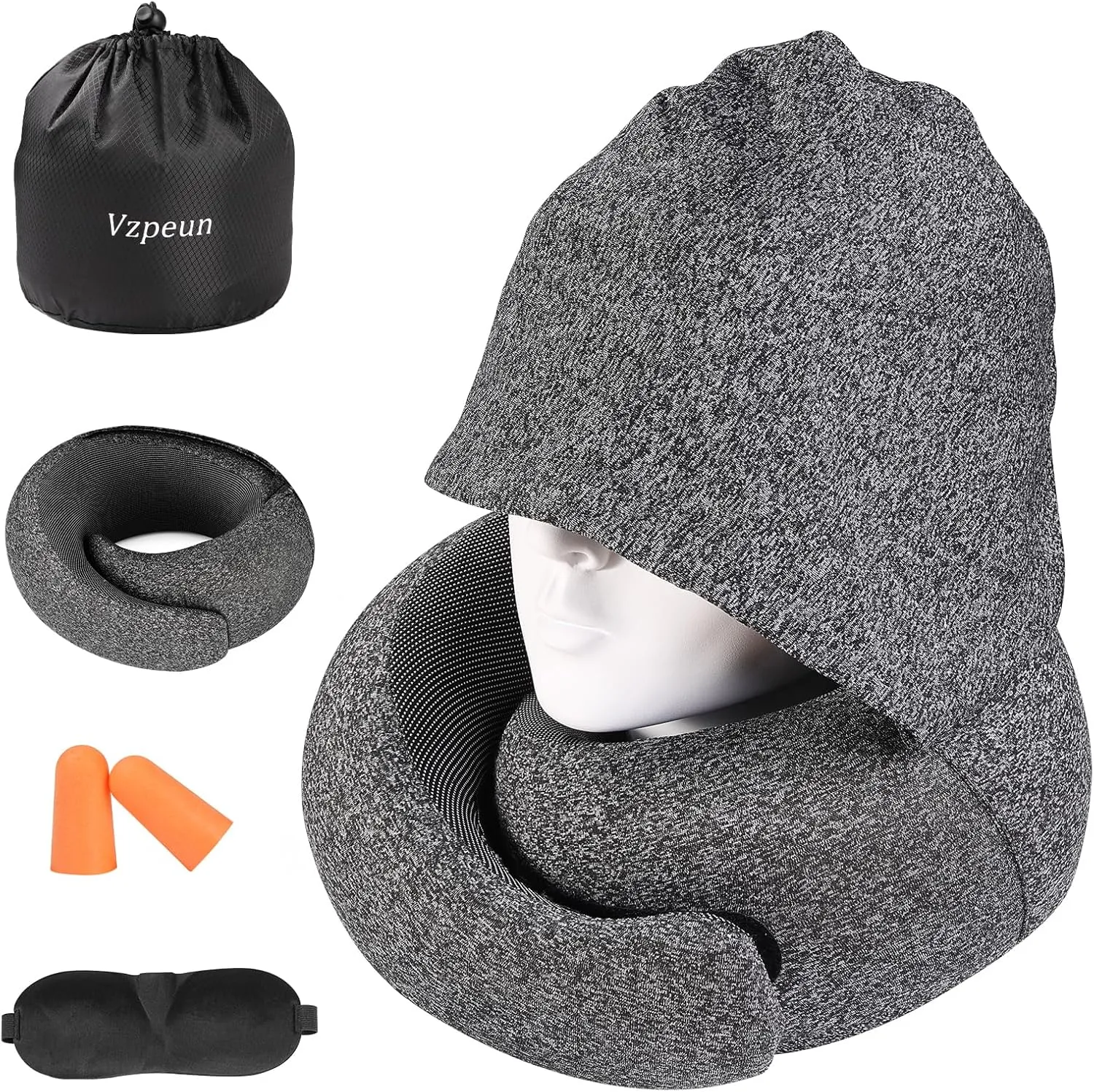 Travel Pillow - Hooded Neck Pillow Airplane, Memory Foam Pillow for Plane, Office, Cars Sleeping, Long Flight Must Haves, Road Trip Essentials Accessories for Adults (Dark Gray)