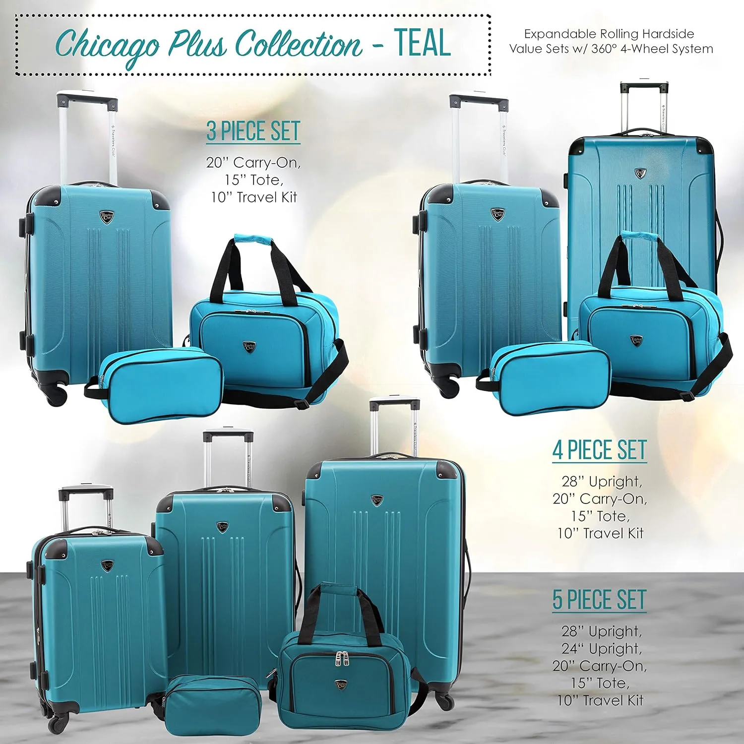 Travelers Club Chicago Hardside Expandable Spinner Luggage, Teal, 5 Piece Set