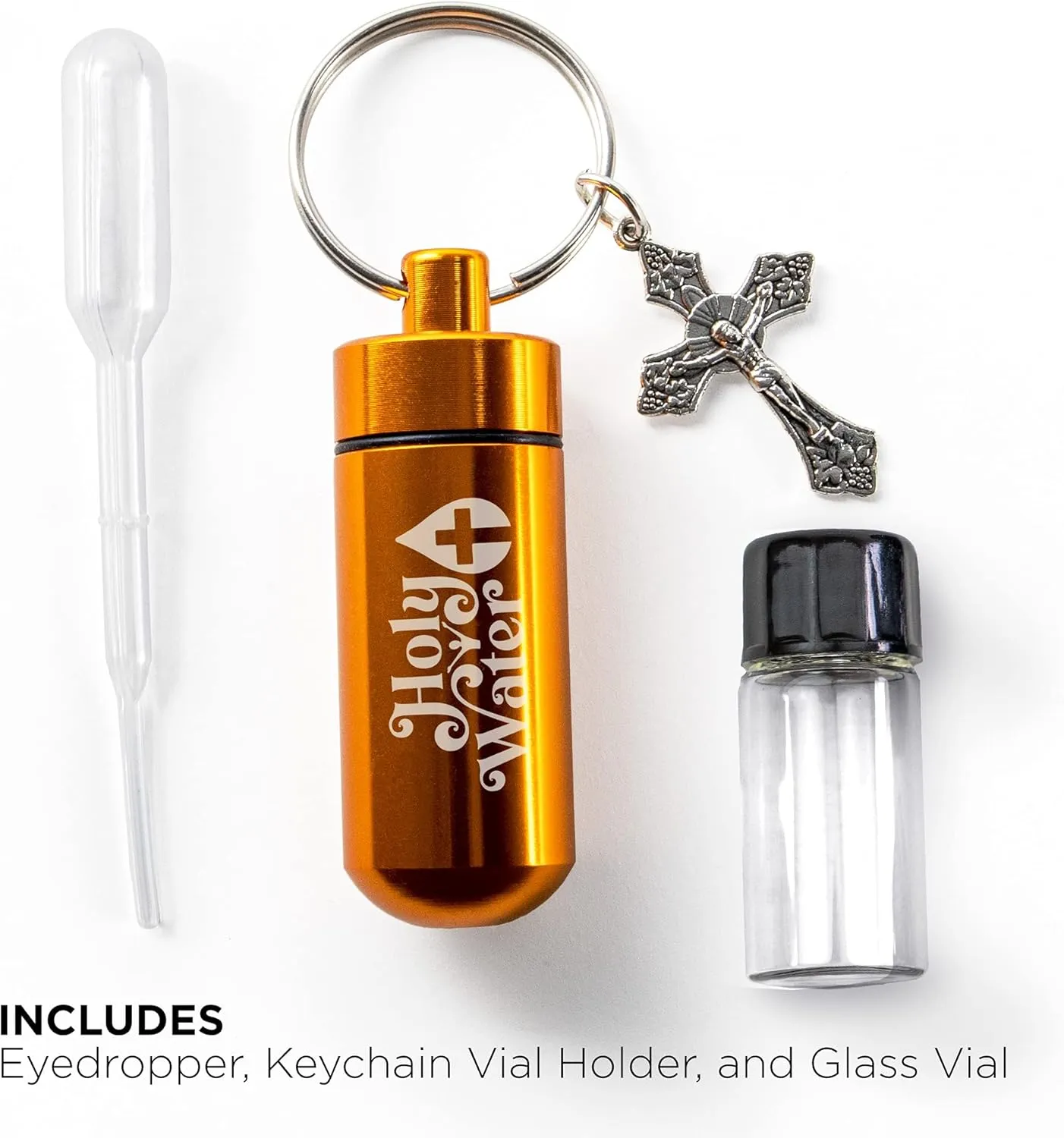 TREE OF LIFE REV. 22:14 Catholic Holy Water Bottle, Gold Keychain Container Kit with Plastic Eyedropper & Glass Vial