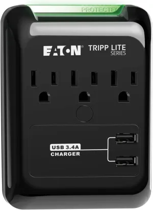 Tripp Lite Protect It! Surge Protector, 3 AC Outlets/2 USB Ports, 540 J, Black