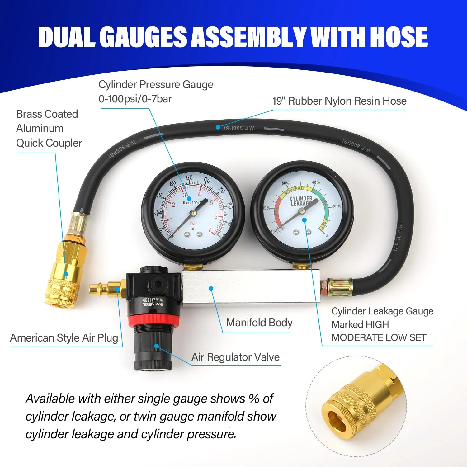 TU-21 Engine Cylinder Leak Down Tester Kit, Automotive Engine Compression Leakage Test Kit for Cars Trucks Motorcycles (Black)