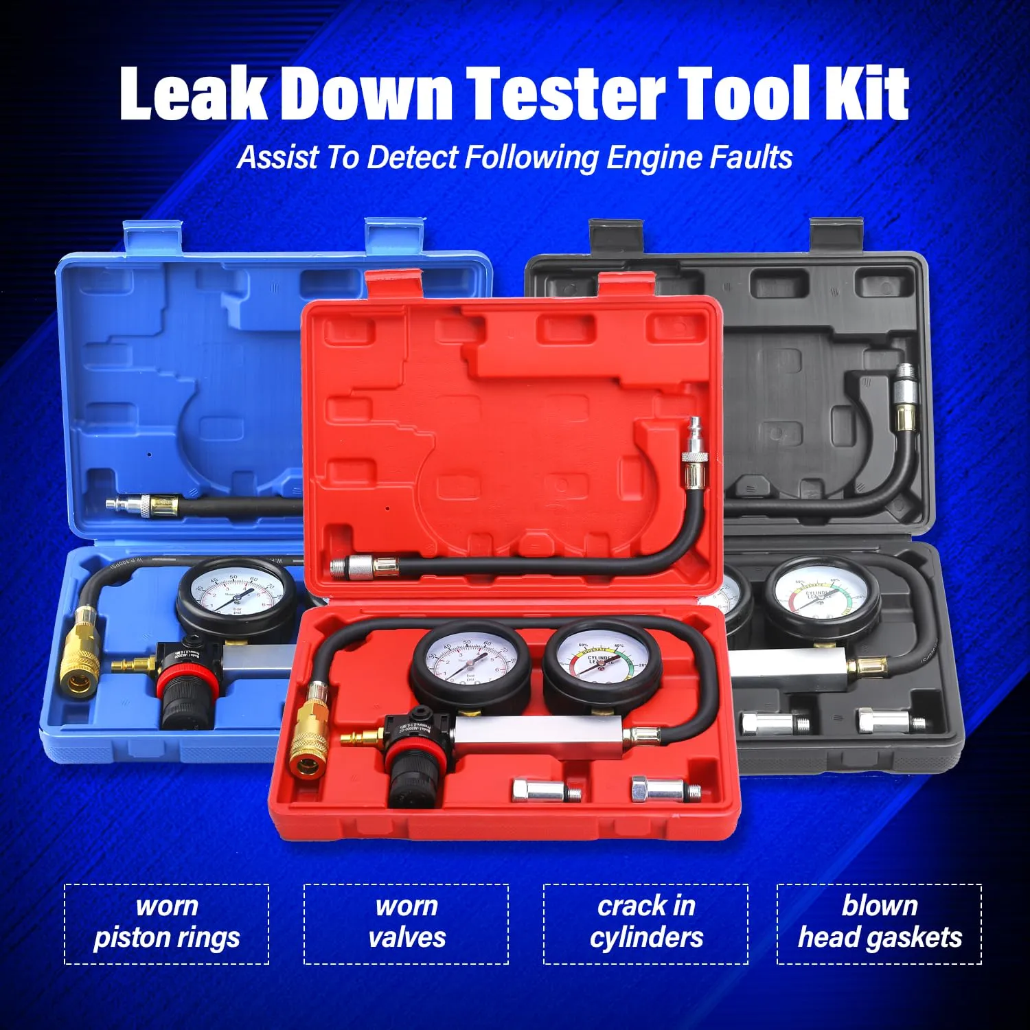 TU-21Cylinder Leak Down Tester Kit, Automotive Engine Compression Leakage Test Kit for Cars Trucks Motorcycles (Blue)