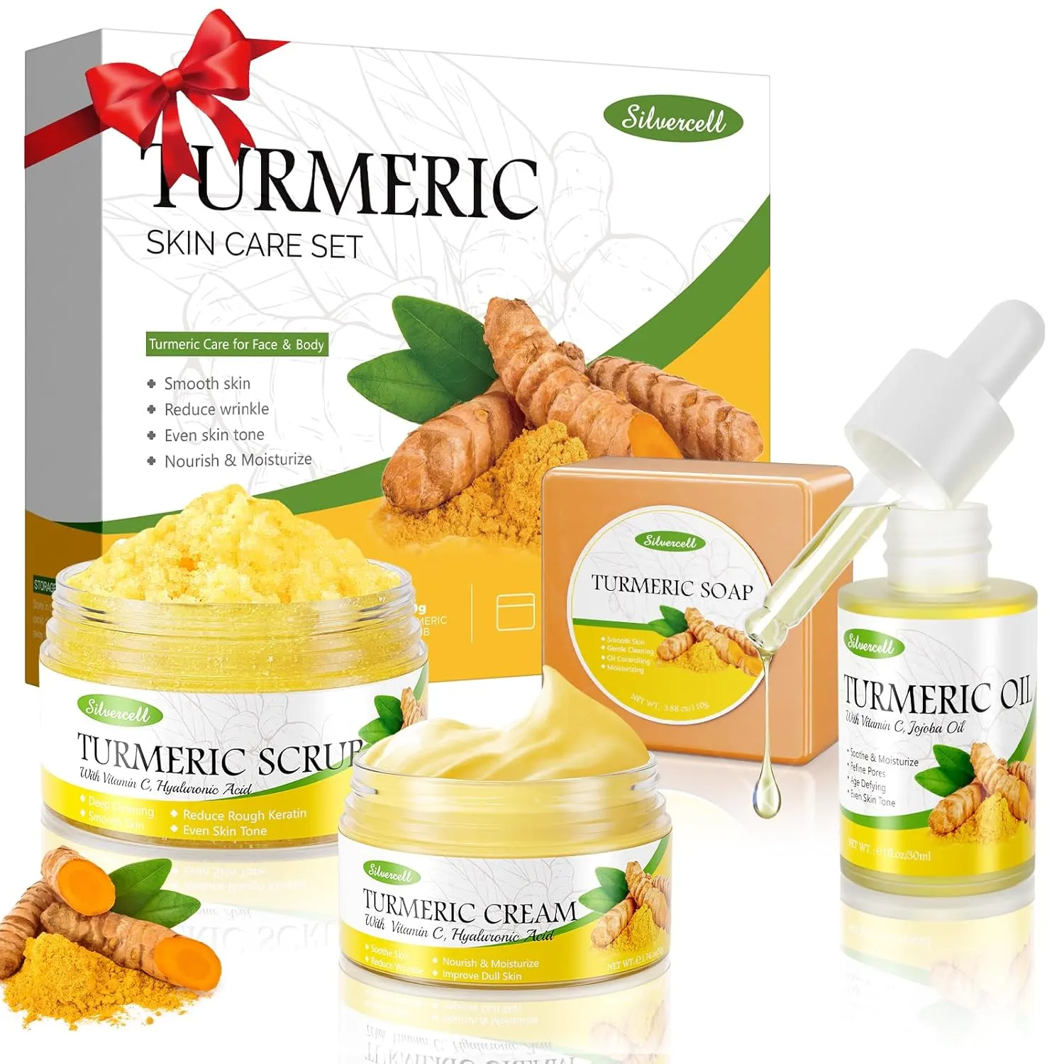 Turmeric Skin Care Set Even Skin Tone with Vitamin C, Skin Care Gift Set 4 In 1 Include Turmeric Soap Bar Turmeric Oil Turmeric Face Cream Turmeric Scrub, Face Moisturizer Skincare Set for Women