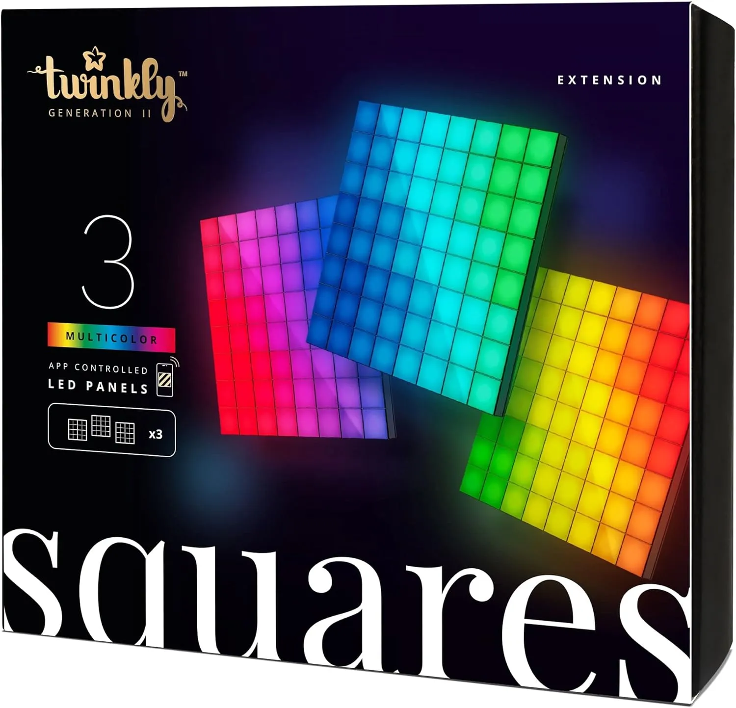Twinkly Squares Extension Kit, RGB LED Panels Kit, Including 3 Extension Panels and Connection Cables, Compatible with HomeKit, Alexa and Google Home, Gaming Lights and Streaming, 16M  Colors