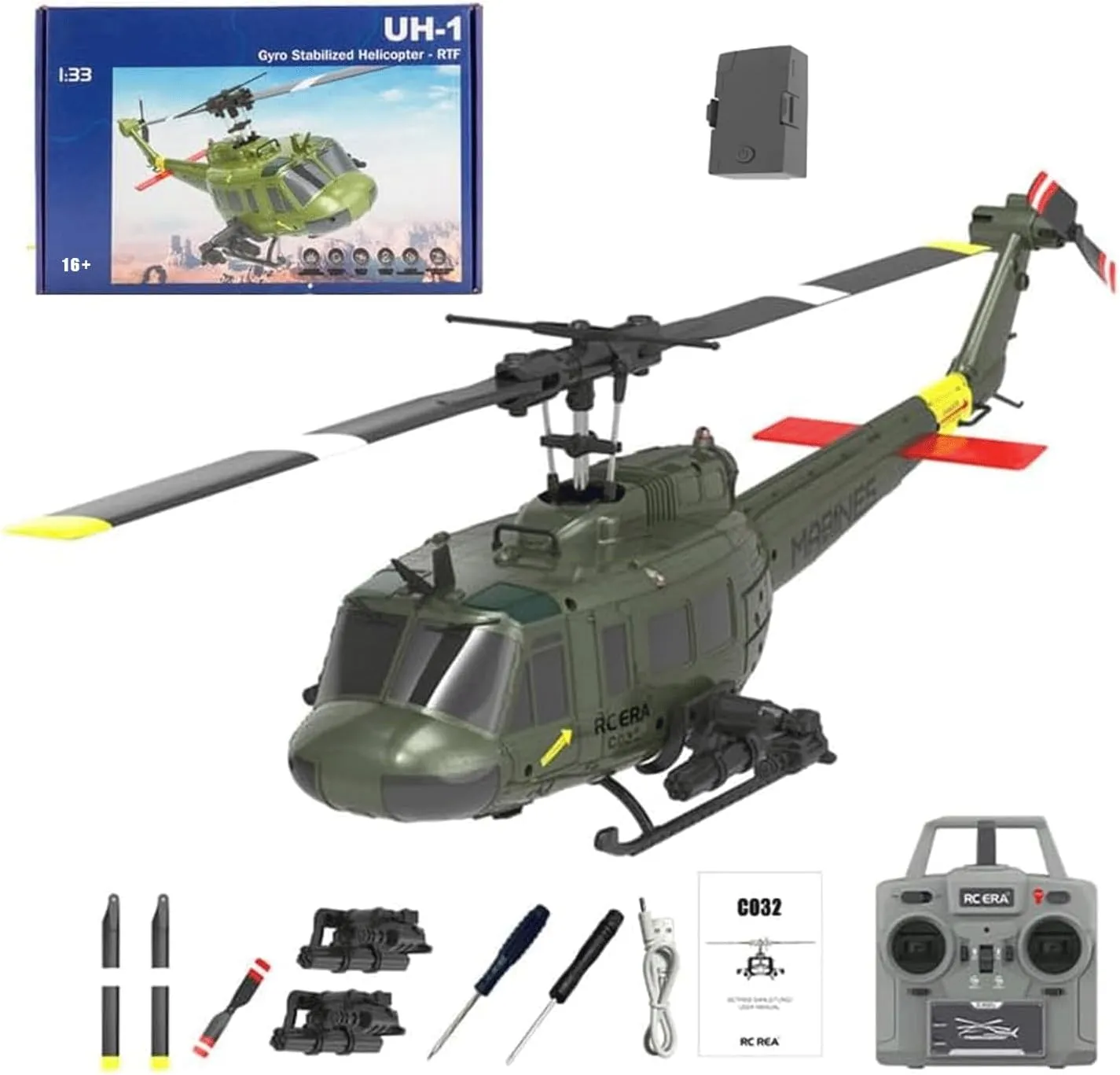 UH-1 Huey Remote Control Helicopters RC Aircraft for Adults, RC ERA C032 1/48 Scale 6CH 2.4G Gyro Stabilized Aircraft with Fly Upside Down 3D Rolling -RTF / 1 Battery