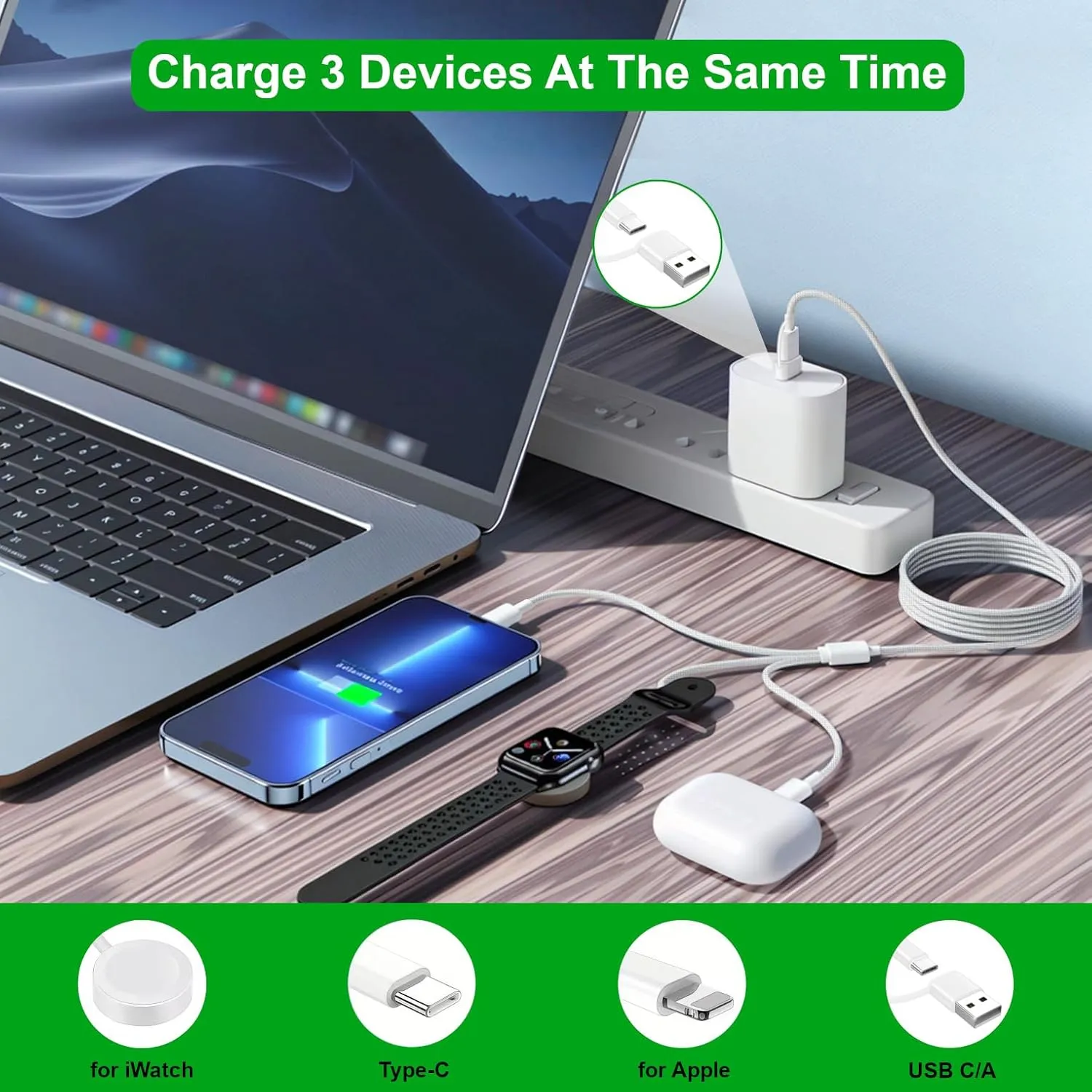 Upgraded 3 in 2 USB C Cable for Apple Watch Charger (4FT/1.2M) Travel USBC Multi Fast Charging Cord Compatible with iWatch Ultra 2/SE 2/10/9/8/7-1, iPhone 16 Pro Max Plus/15/14/13/12/11, iPad, AirPods