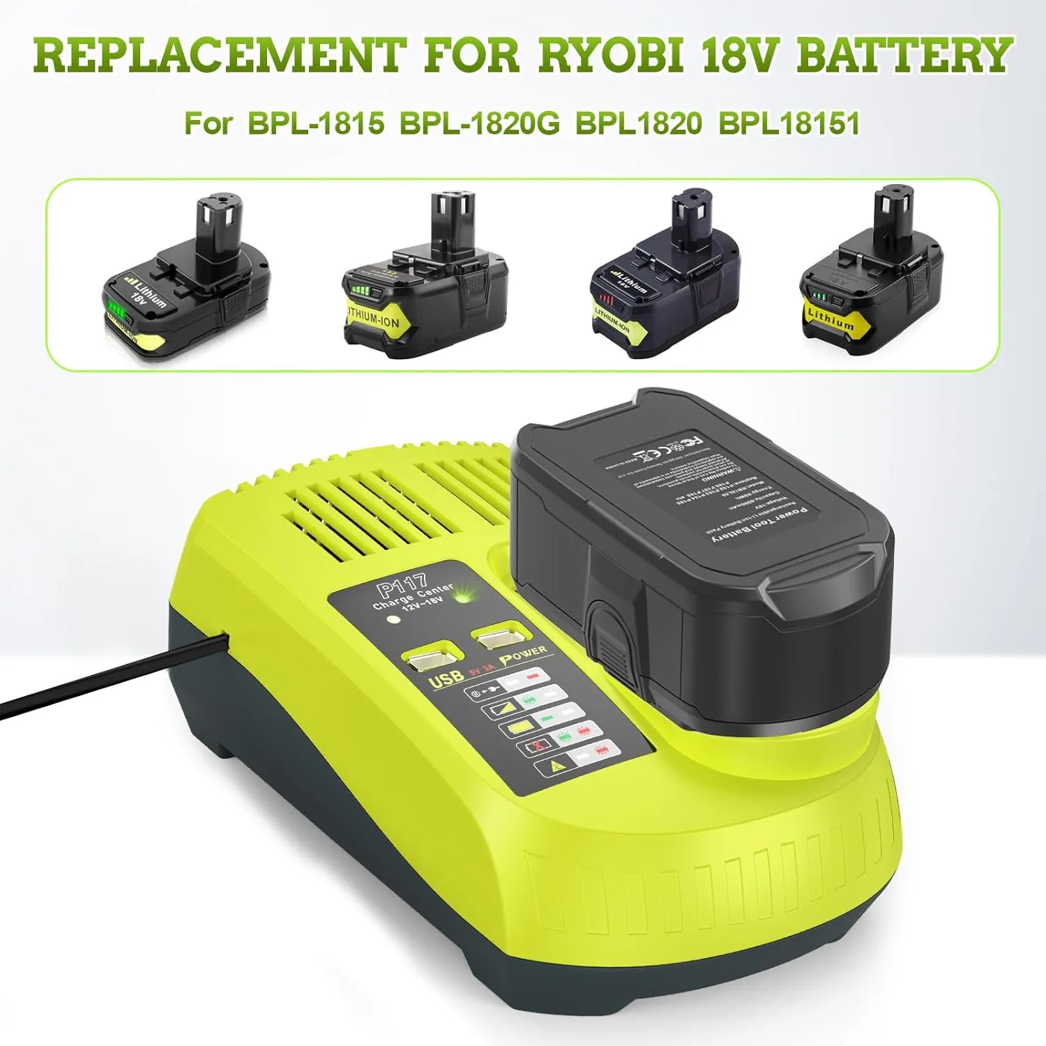 Upgraded P117 21V 3A Rapid Charger   6.0Ah 18V RB18L50 Lithium Battery Combo for RYOBI P108 P102 P104 High Capacity Cordless Tool Batteries (2 Packs)