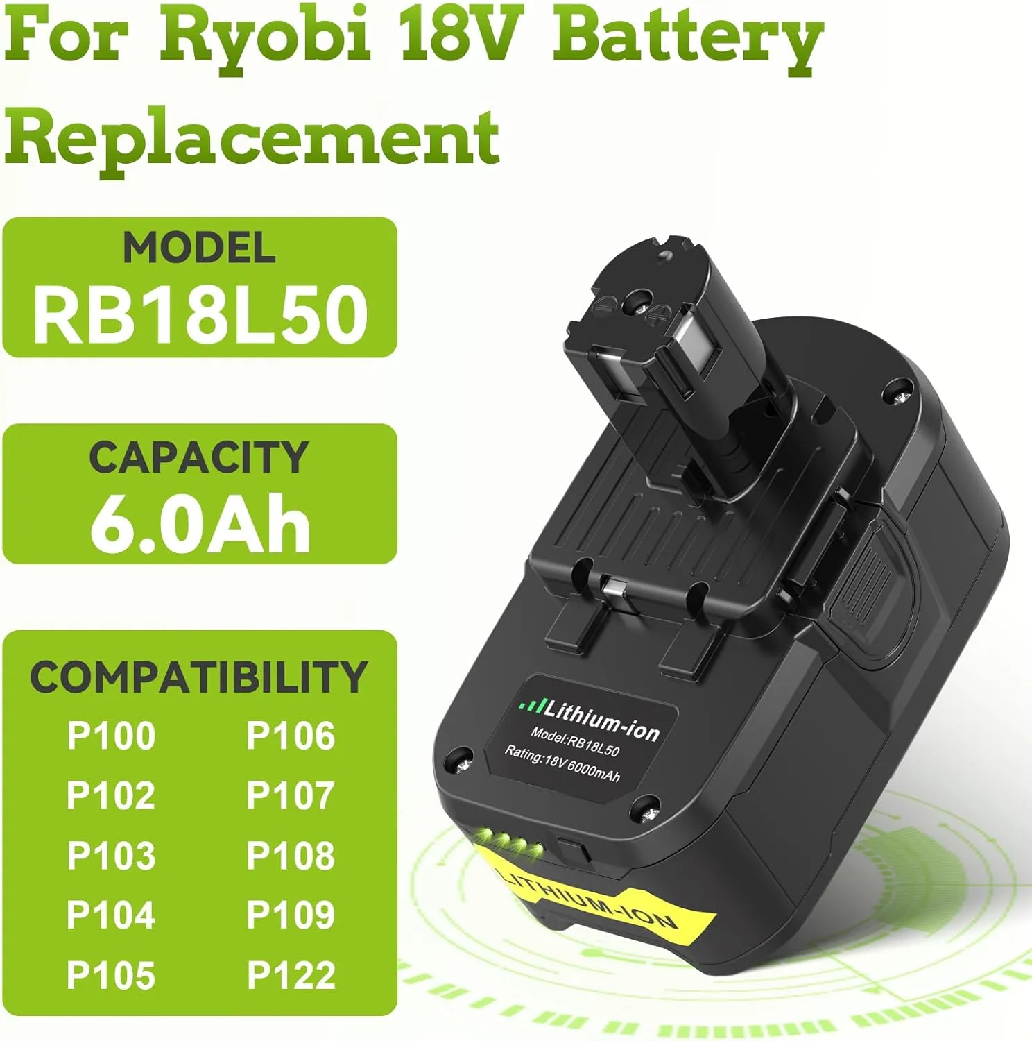 Upgraded P117 21V 3A Rapid Charger   6.0Ah 18V RB18L50 Lithium Battery Combo for RYOBI P108 P102 P104 High Capacity Cordless Tool Batteries (2 Packs)