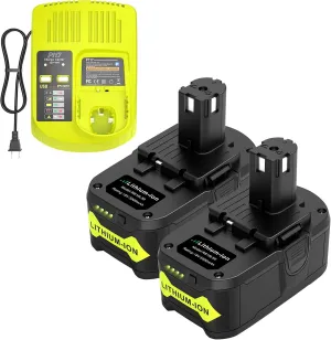 Upgraded P117 21V 3A Rapid Charger   6.0Ah 18V RB18L50 Lithium Battery Combo for RYOBI P108 P102 P104 High Capacity Cordless Tool Batteries (2 Packs)