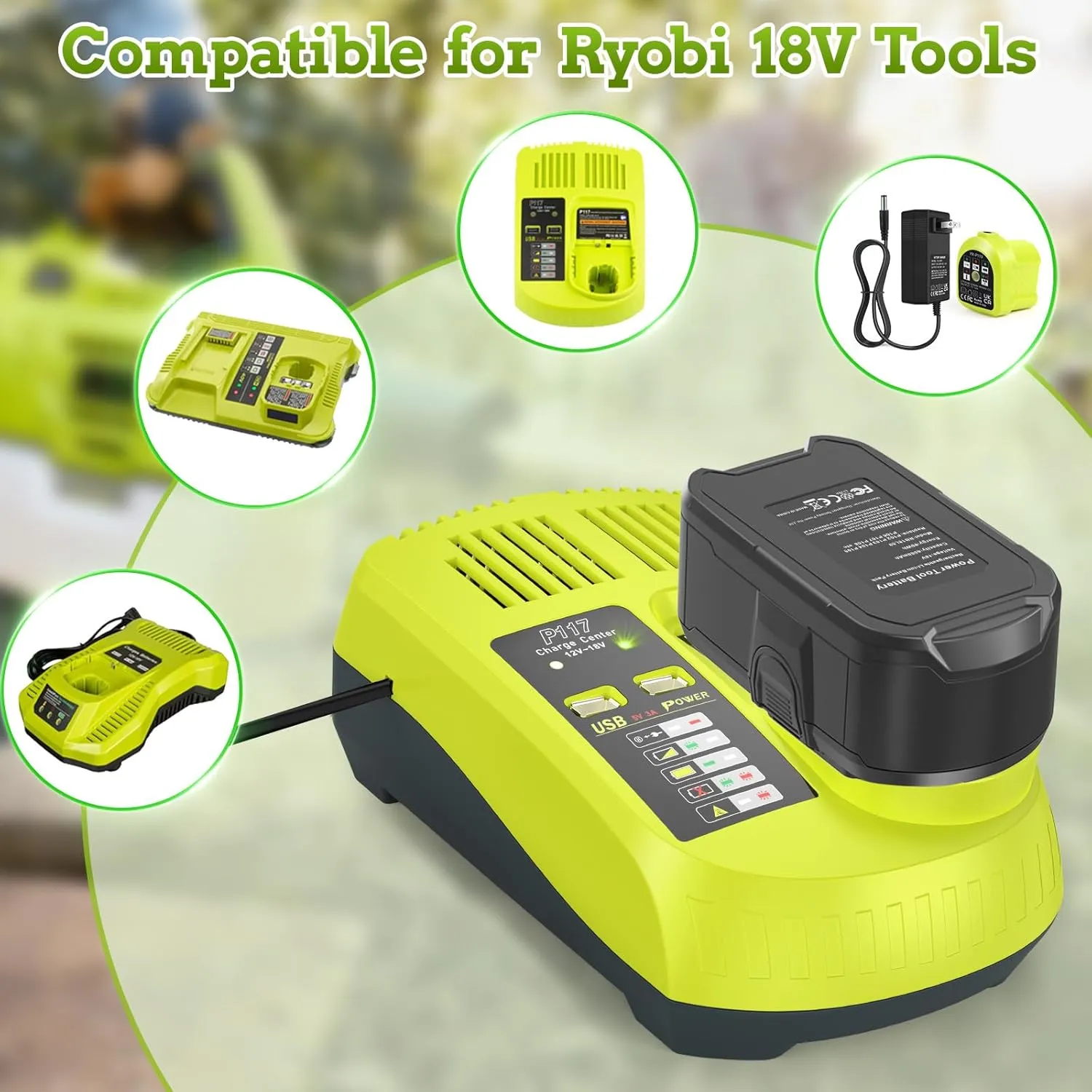 Upgraded P117 21V 3A Rapid Charger   6.0Ah 18V RB18L50 Lithium Battery Combo for RYOBI P108 P102 P104 High Capacity Cordless Tool Batteries (2 Packs)