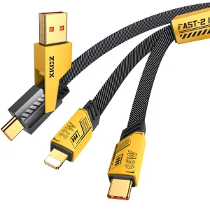 USB C Cable Lightning Cable [4 in 1 65W Fast Charging Cable] Flat Braided USB C to USB C Charger Cord, Multi Charging Cable Combo Type C/USB A/Lightning Port for iPhone/iPad/Samsung, 4ft, Yellow