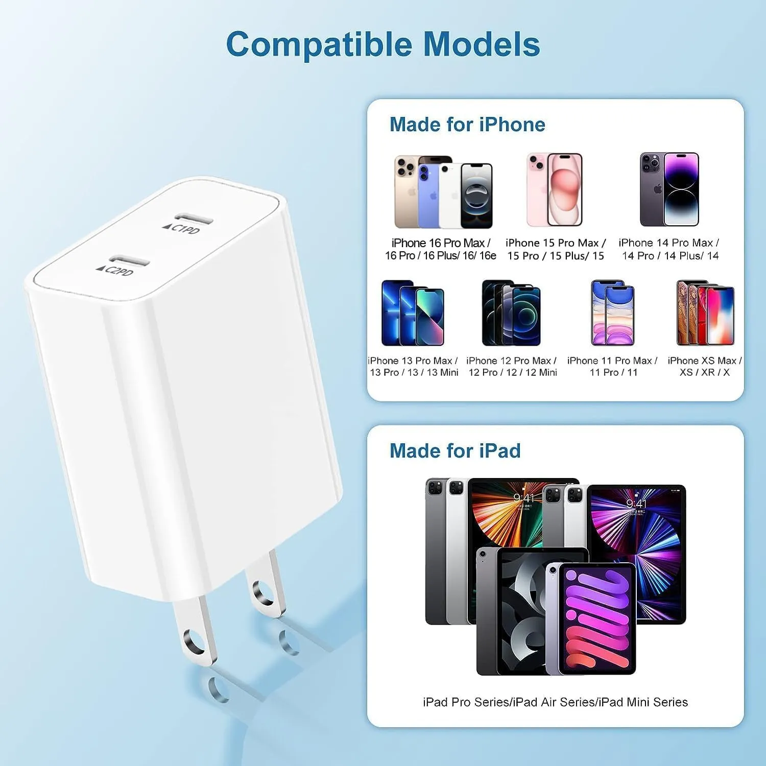 USB C Fast Charger Block,USB C Charging Block 2-Pack Type C 2in1 Dual Ports Plug Wall Charger, Fast Type C Charger for iPhone 16/16e/16 Plus/16 Pro/16 Pro Max/15 Pro Max/14/13/12/11/Xs Max/XR/X,iPad