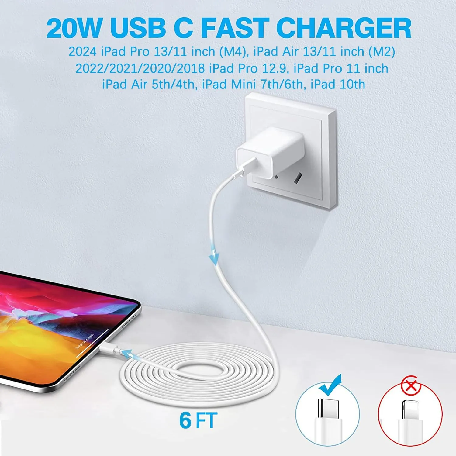 USB C Fast Charger for iPad Pro 13/12.9/11 in 2025/2024/2022/2021/2020/2018,iPad 10/11th(A16),iPad Air 4th/5th,iPad mini 6/7th,iPad Charger Fast Charging Wall Charger Block with 6FT USB C to C Cable