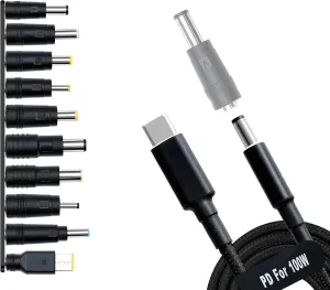 USB C to DC Adapters 10PCS Power Plug Kit, Universal Charger Supply 100W PD Power Cable & 5.5x2.1mm Round Barrel Jack for Sony Toshiba Samsung Acer Asus Lenovo Dell HP Laptop Charging Connector Tips