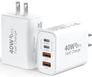 USB C Wall Fast Charger Block, 40W 4-Port Type C Charger Fast Charging Blocks PD Power Charger Adapter QC 3.0 USB Multiport Charger Brick for iPhone 16/15/14/13/12 Pro Max, iPad, Galaxy S24/23-2Pack