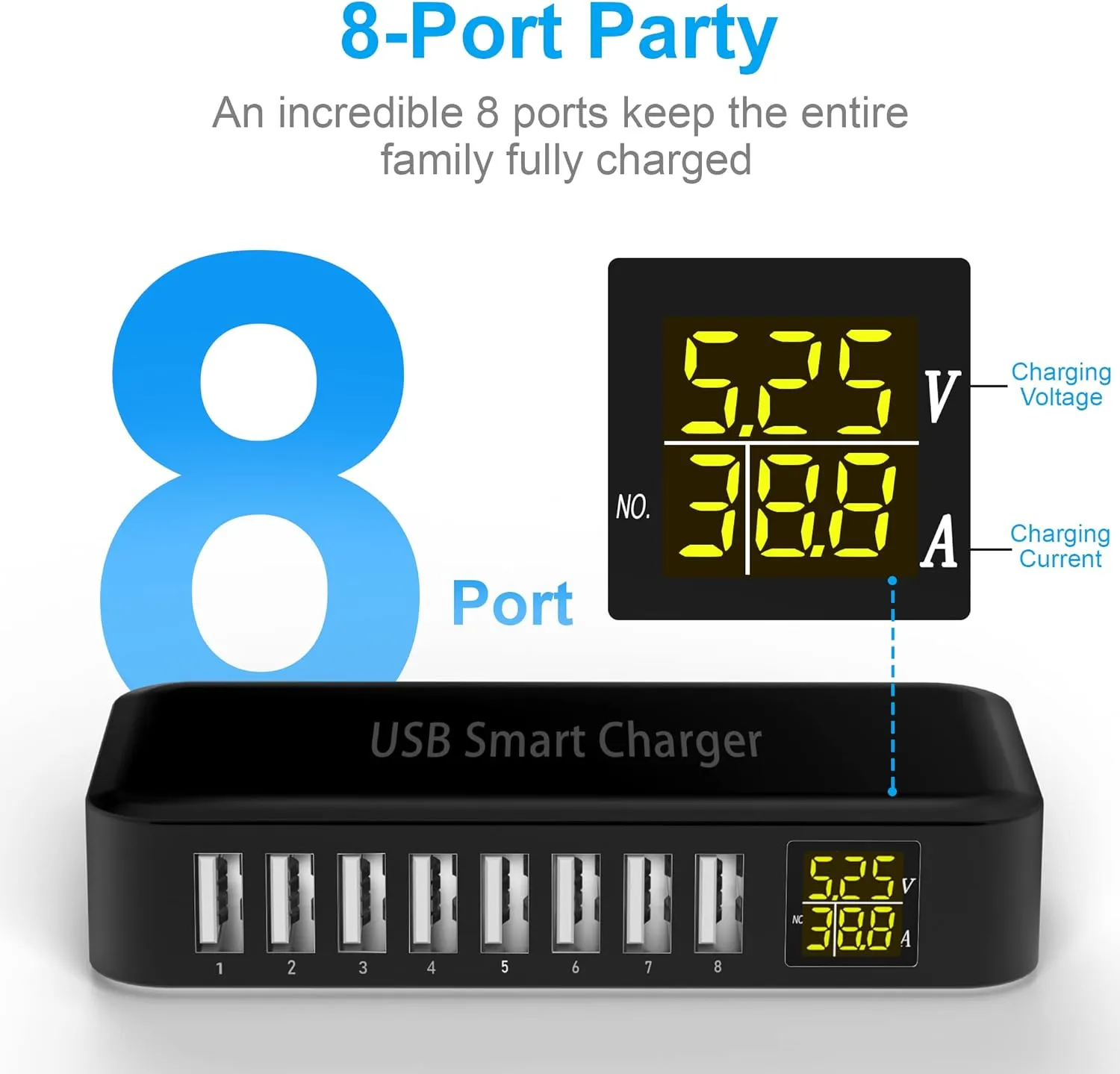 USB Charging Station, Ziwodiv 8-Port 60W/12A USB Charger Station, Multi Ports USB-A Charging Hub with LED Display, Compact Desktop Charger for Multiple Devices, iPhone iPad Samsung Android and Tablet