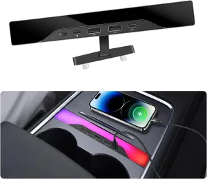 USB Hub for Tesla Model 3/Y Accessories 2024 2023 2022 2021, Multi Port Fast Charger with RGB Ambient Lighting, Docking Station fit Tesla Center Console (Not fit Model 3 2024), Black