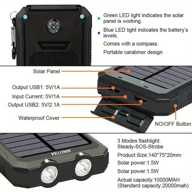 USB Portable Charger 10000mAh Solar Power Bank for Cell Phone and Laptops