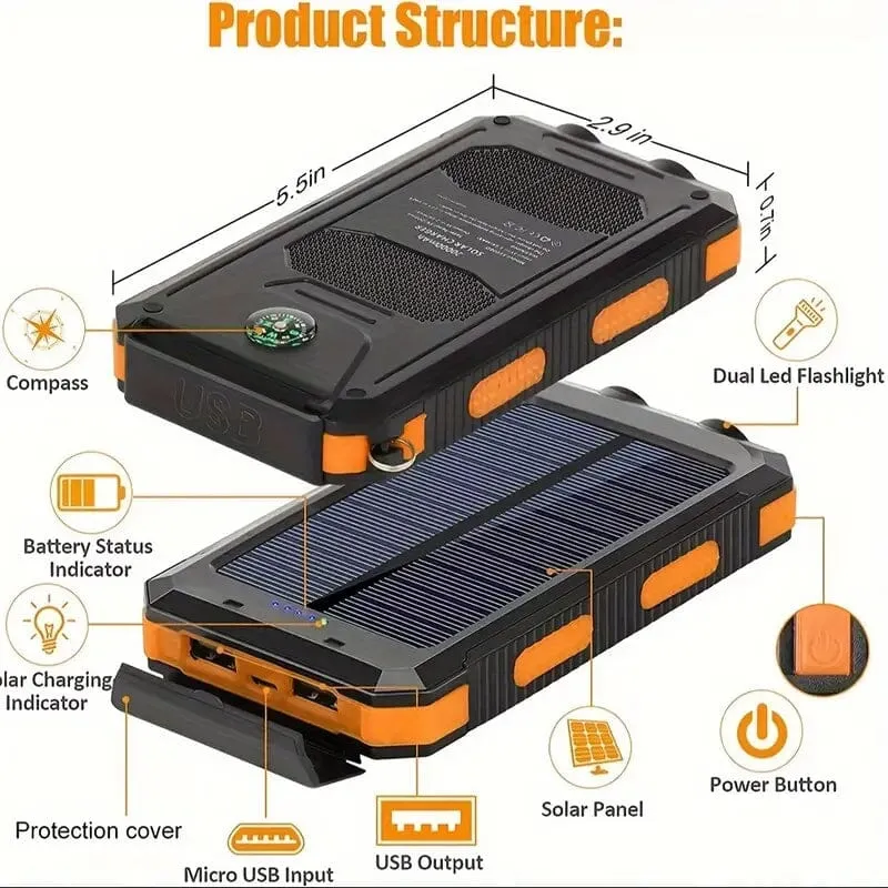 USB Portable Charger 10000mAh Solar Power Bank for Cell Phone and Laptops
