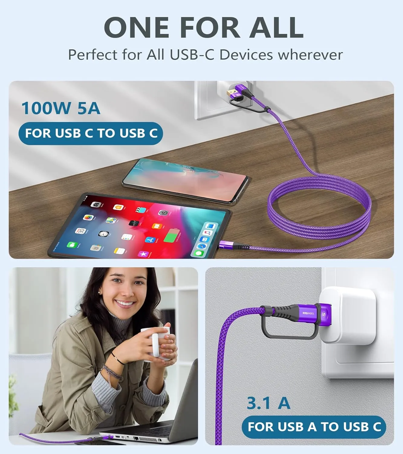 USB Type C Charger Cable 6.6ft PD 100w iPhone 16 15 Charger 2-in-1 USB C to USB C Cable Nylon Braid for iPhone 16 15 Pro Max Plus MacBook iPad Pro/Air Samsung Galaxy S24 S23 S22 Note 20 10 Pixel Moto