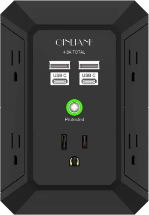 USB Wall Charger, Surge Protector, QINLIANF 5 Outlet Extender with 4 USB Charging Ports (4.8A Total) 3-Sided 1680J Power Strip Multi Plug Outlets Wall Adapter Spaced for Home Travel Office(2U2C),Black