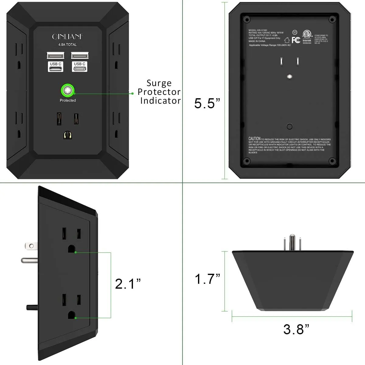 USB Wall Charger, Surge Protector, QINLIANF 5 Outlet Extender with 4 USB Charging Ports (4.8A Total) 3-Sided 1680J Power Strip Multi Plug Outlets Wall Adapter Spaced for Home Travel Office(2U2C),Black