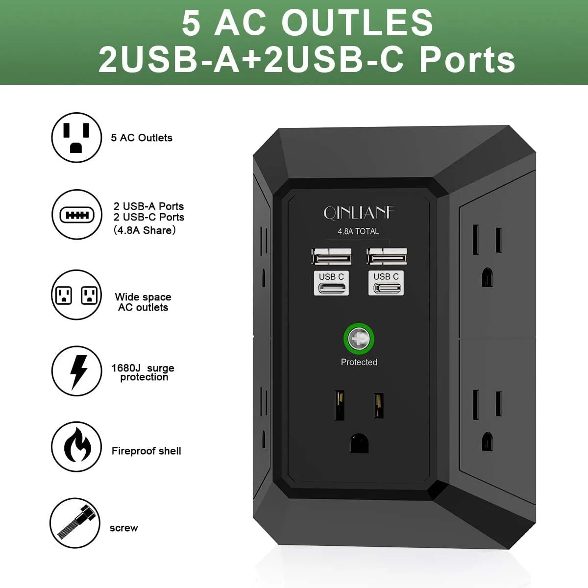 USB Wall Charger, Surge Protector, QINLIANF 5 Outlet Extender with 4 USB Charging Ports (4.8A Total) 3-Sided 1680J Power Strip Multi Plug Outlets Wall Adapter Spaced for Home Travel Office(2U2C),Black