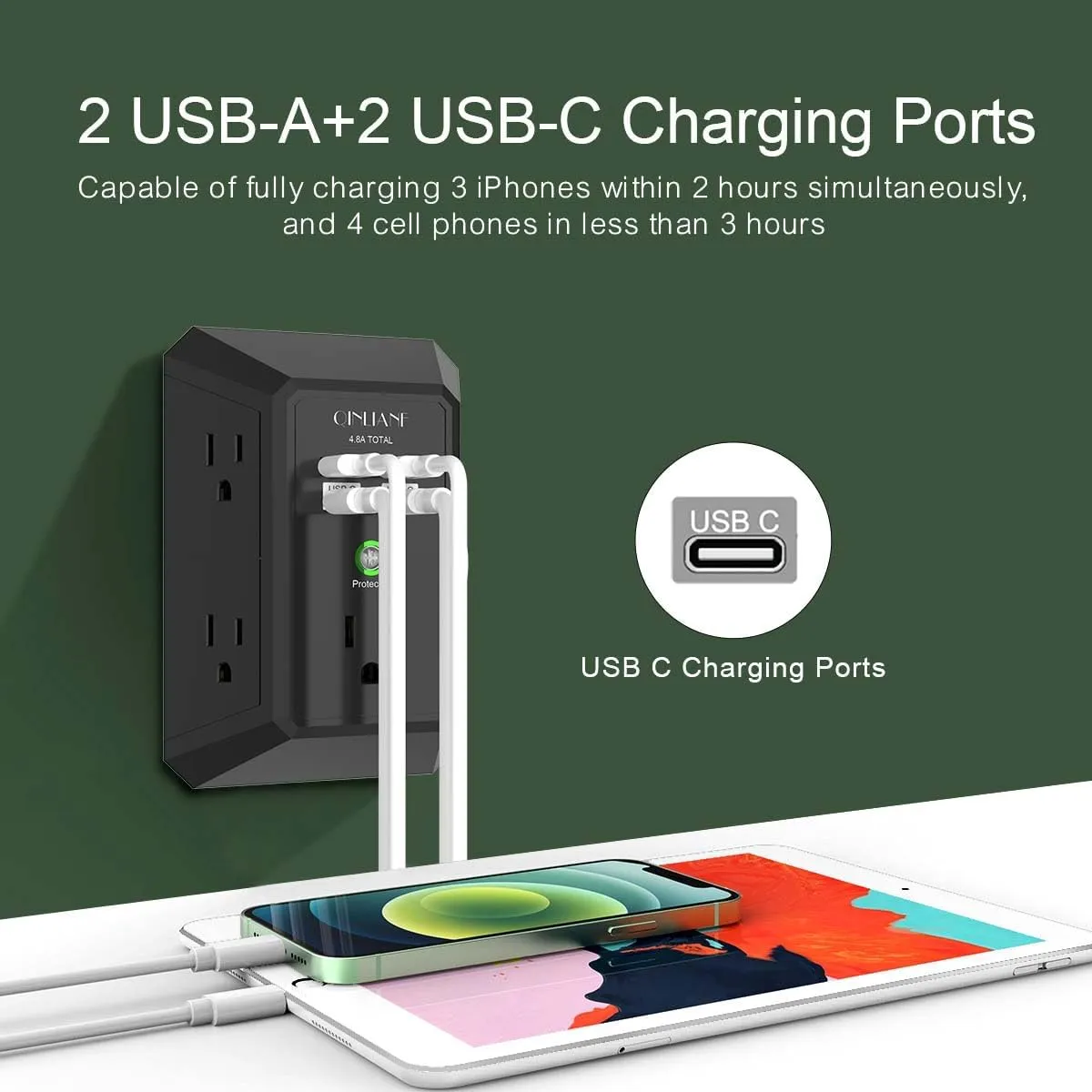 USB Wall Charger, Surge Protector, QINLIANF 5 Outlet Extender with 4 USB Charging Ports (4.8A Total) 3-Sided 1680J Power Strip Multi Plug Outlets Wall Adapter Spaced for Home Travel Office(2U2C),Black