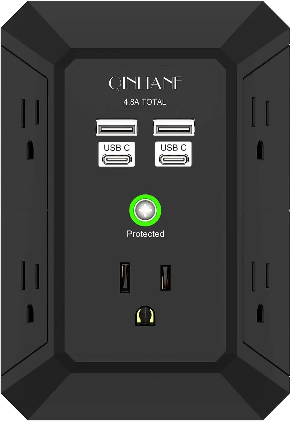 USB Wall Charger, Surge Protector, QINLIANF 5 Outlet Extender with 4 USB Charging Ports (4.8A Total) 3-Sided 1680J Power Strip Multi Plug Outlets Wall Adapter Spaced for Home Travel Office(2U2C),Black