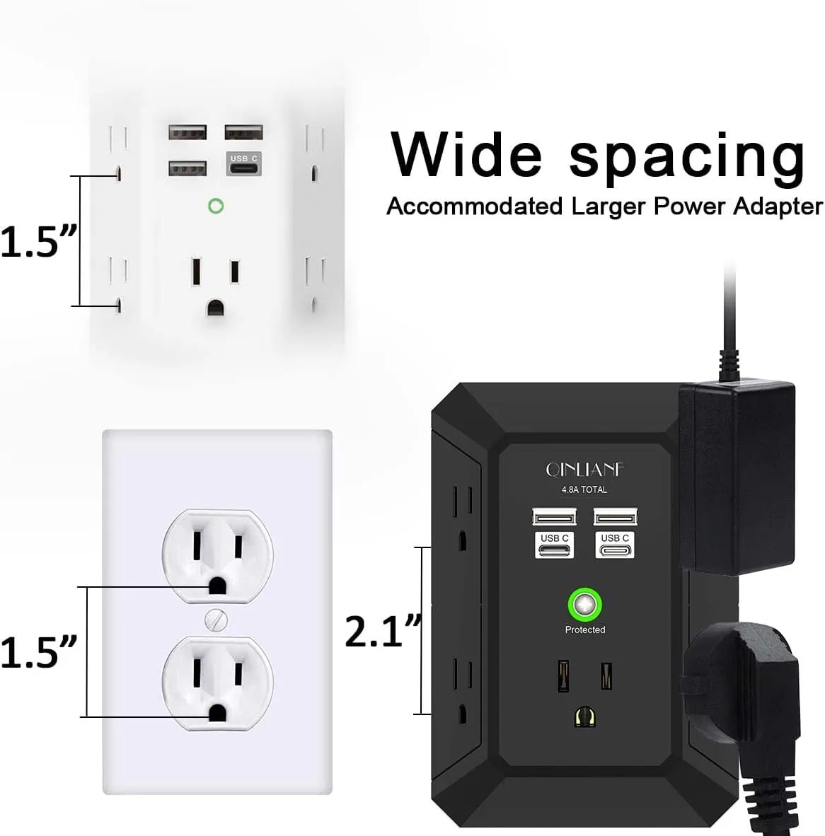 USB Wall Charger, Surge Protector, QINLIANF 5 Outlet Extender with 4 USB Charging Ports (4.8A Total) 3-Sided 1680J Power Strip Multi Plug Outlets Wall Adapter Spaced for Home Travel Office(2U2C),Black