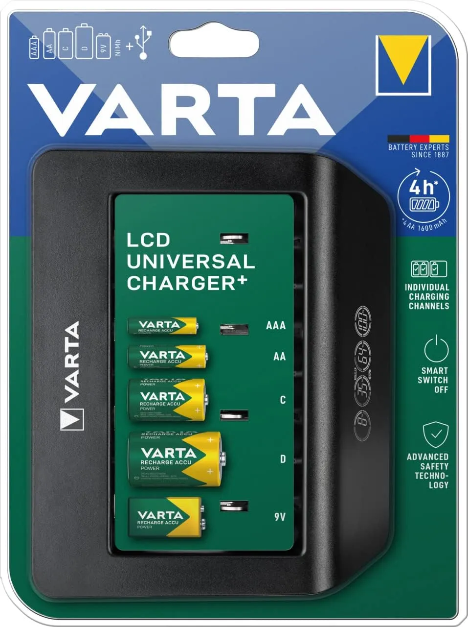 Varta Universal Charger for Rechargeable Batteries AA/AAA/C/D 9V Included USB Port 57688101401
