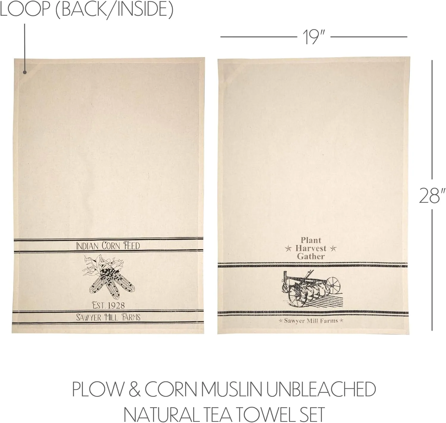 VHC Brands Sawyer Mill Kitchen-linens, Towel Set of 2 19x28, Corn & Plow