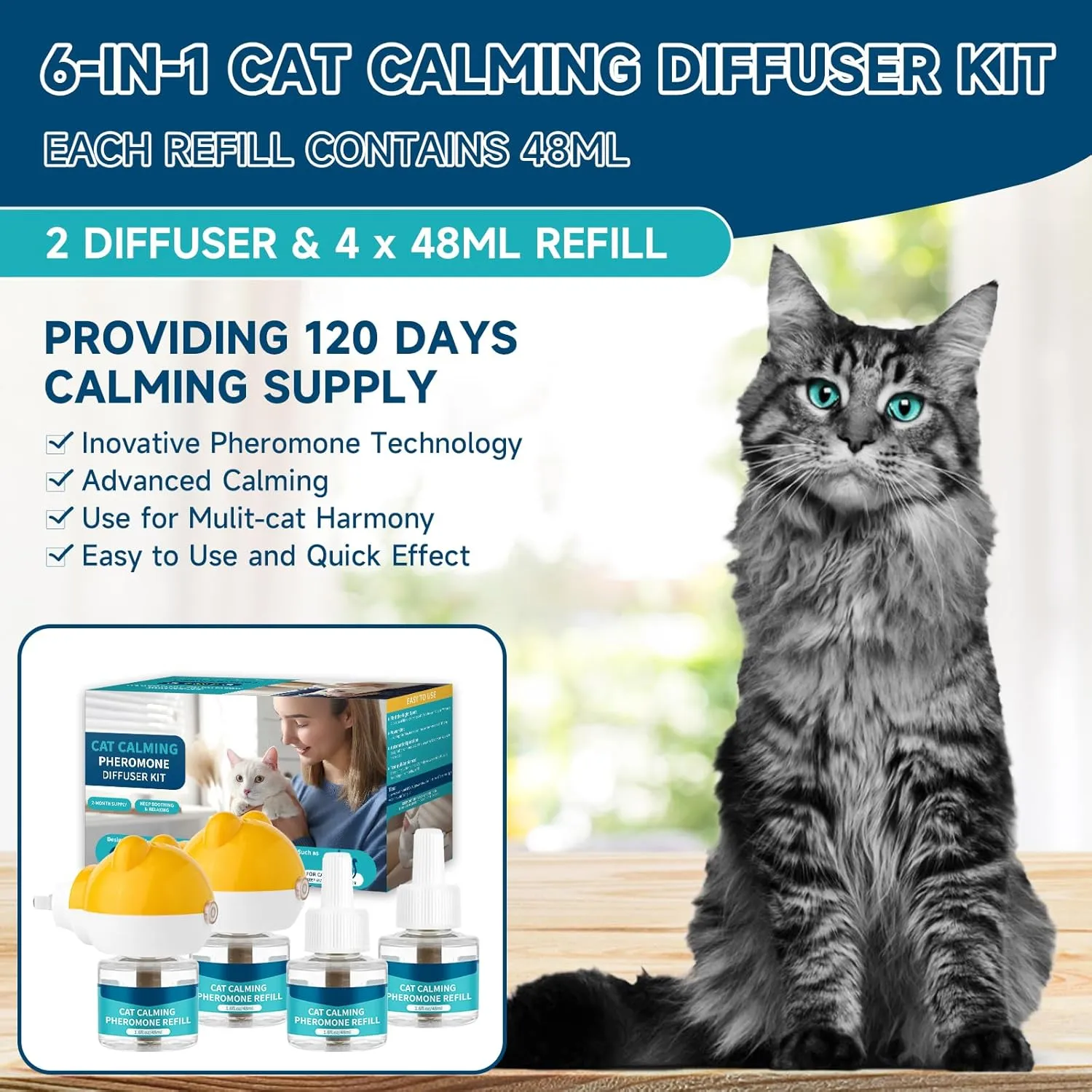 VICSOM Cat Calming Diffuser Kit, Cat Pheromones Calming Diffuser for Cat, 6-in-1 Cat Calm Plug in Kit with 2 Diffuser   4 Refill, 120 Days Anti Anxiety Relief Stress Effect