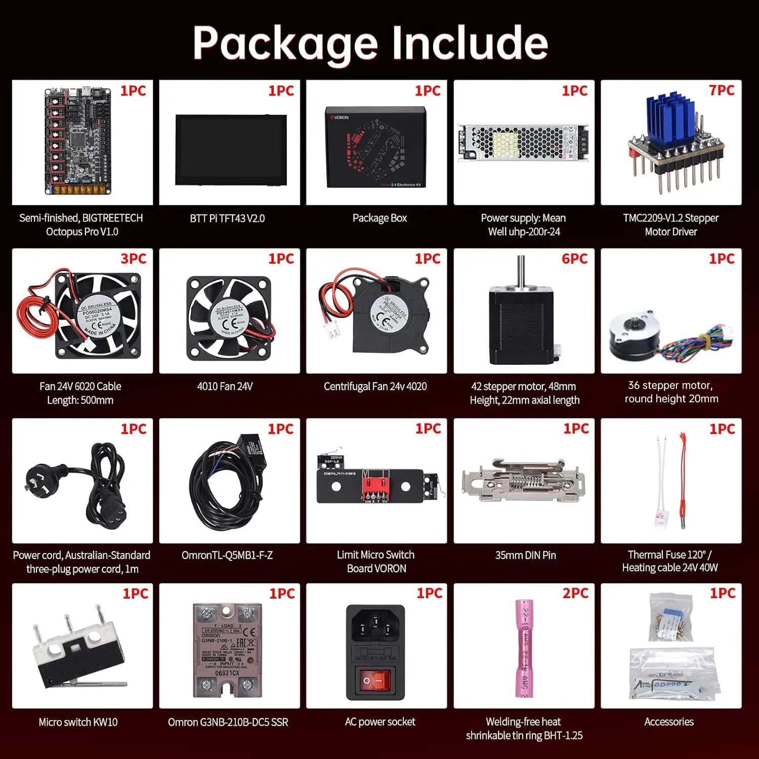 Voron 2.4 R2 Full Set Electronics Kit with Octopus Pro V1.0.1 Pi BTT TFT43 V2.1 TMC2209 V1.3 42 Stepper Motor Hotend Power Supply 3D Printer Accessories for Voron 2.4 3D Printer Klipper Screen