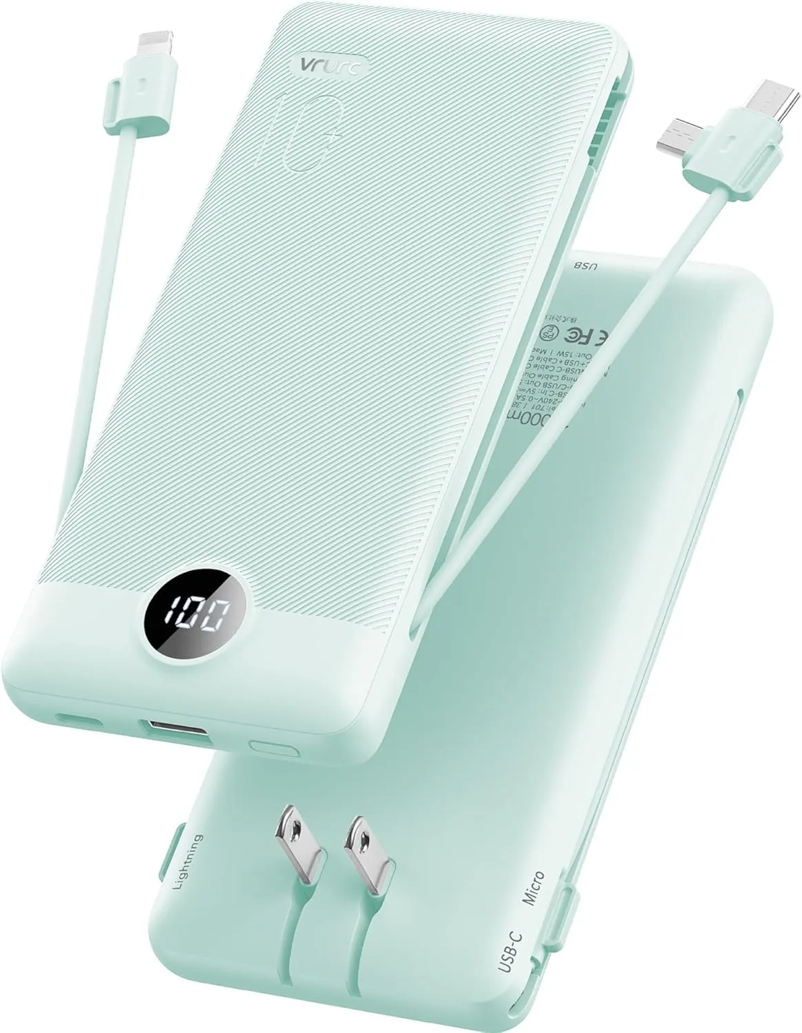 VRURC Portable Charger Built-in Cables and AC Wall Plug, USB C Power Bank 10000mAh, Travel Battery Portable Phone Charger Compact Lightweight External Battery Pack for Smart Phones, Tablets etc-Green