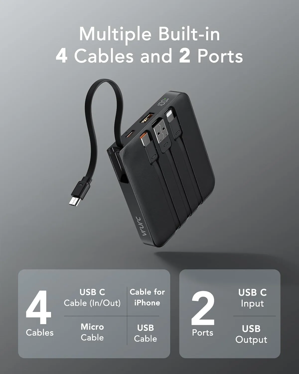 VRURC Portable Charger with Built-in Cable, 10000mAh 22.5W Fast Charging USB C Battery Pack, Cell Phone Power Bank for iPhone 16 15 14 Samsung Galaxy S24 S23 Series Android Tablet, Black(1 Pack)