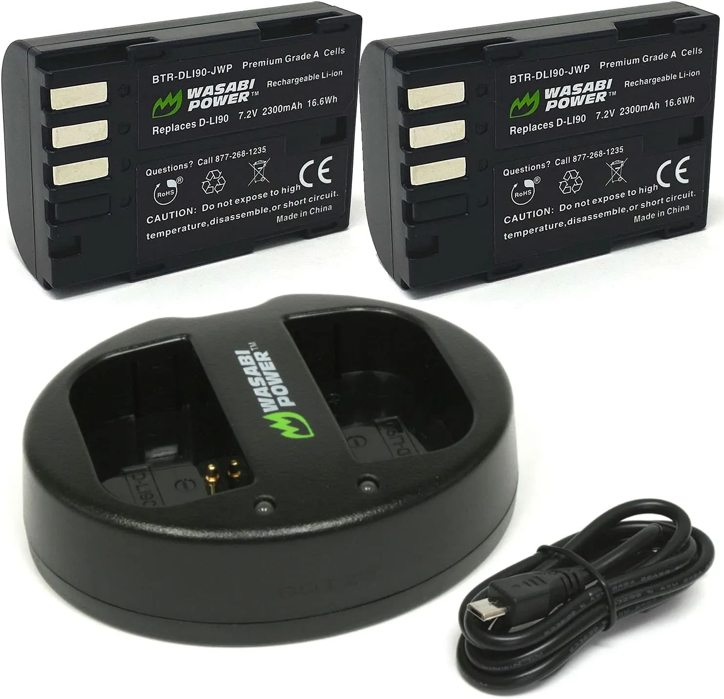 Wasabi Power Battery (2-Pack) and Dual USB Charger for Pentax D-LI90 and Pentax 645D, 645Z, K-01, K-1, K-1 II, K-3, K-3 Mark III, K-5, K-5 II, K-5 IIs, K-7